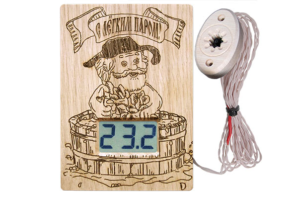 Термометр электронный ТЭС-Люкс Pt "С легким паром!" (в корпусе из липы) с декоративным датчиком
