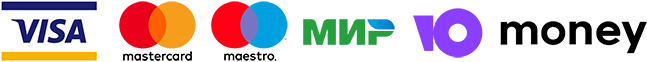 логотипы VISA, Mastercard, Maestro, МИР, ЮMoney